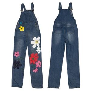 Misslook Hippie Bohemian Painted Flowers Denim Bib Overalls Size Small